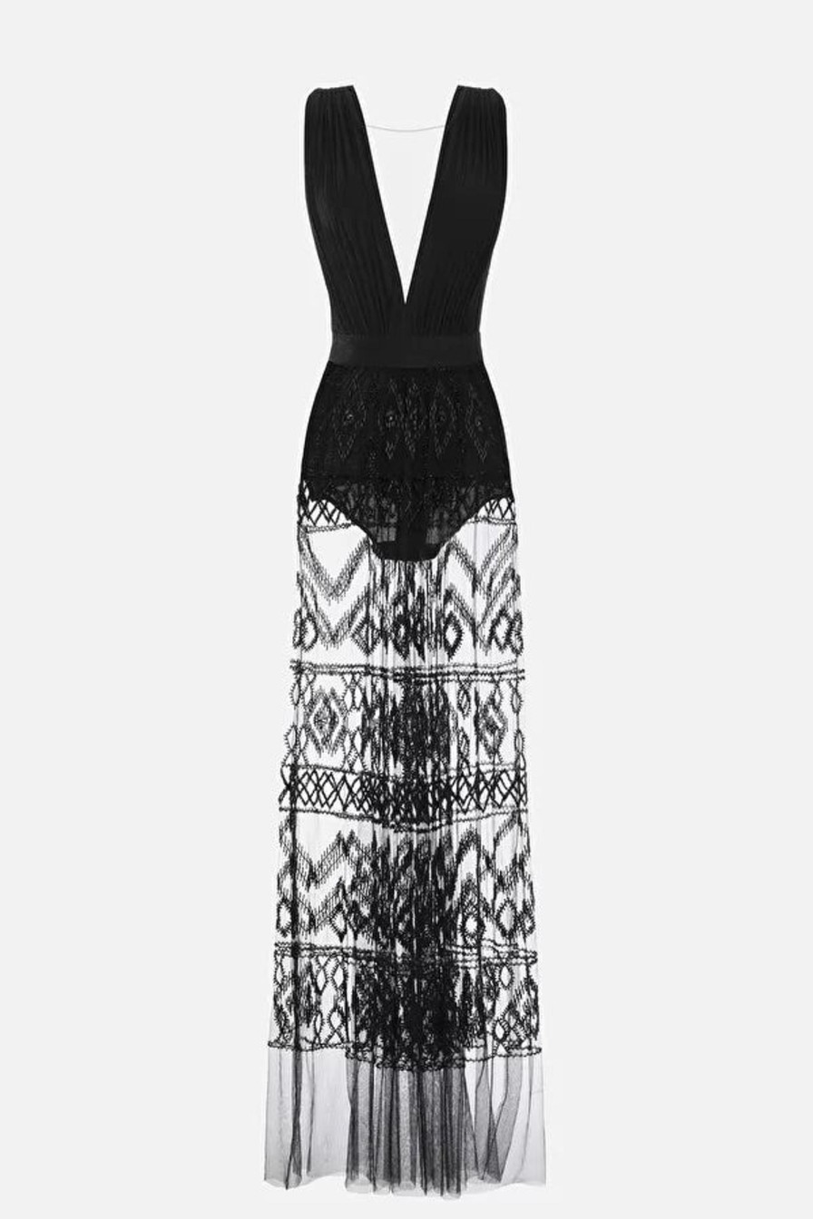 Women Elisabetta Franchi Dresses | Red Carpet Dress In Black With Rhombus Embroidery Skirt