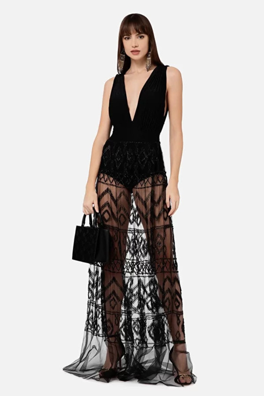 Women Elisabetta Franchi Dresses | Red Carpet Dress In Black With Rhombus Embroidery Skirt