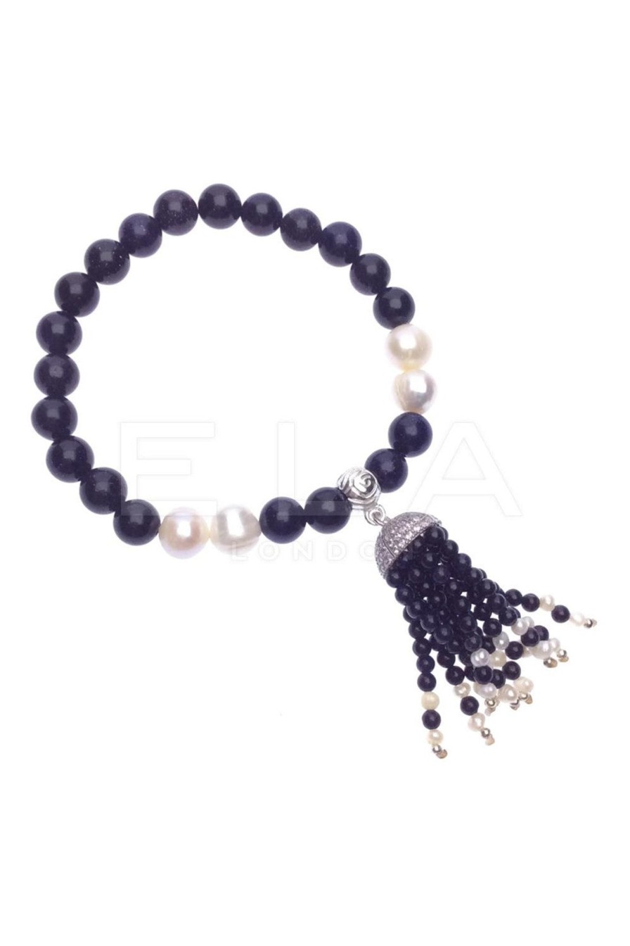 Women E L A London | Sterling Silver Black/Pearl Candy Stretch Tassel Bracelet