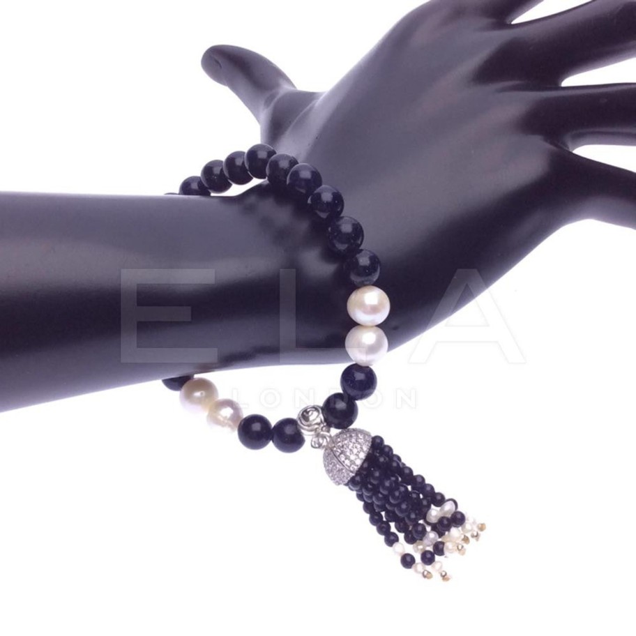 Women E L A London | Sterling Silver Black/Pearl Candy Stretch Tassel Bracelet