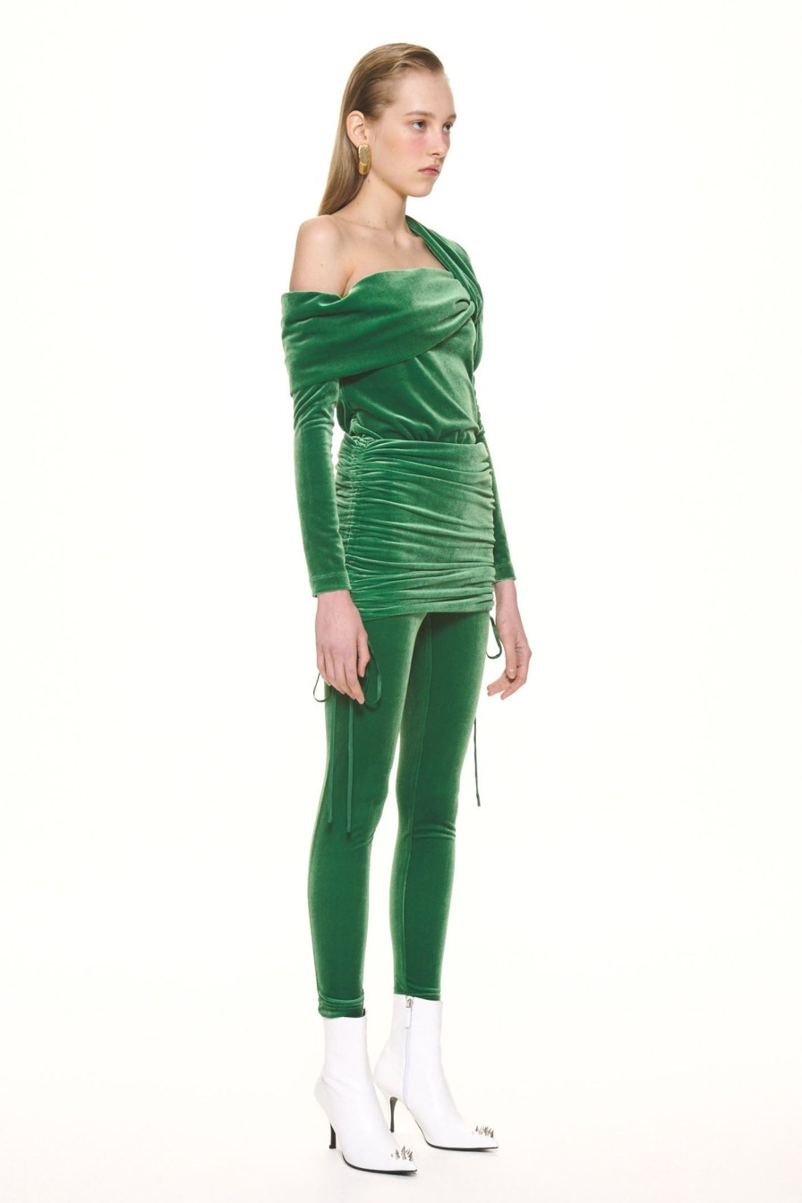 Women Push Button Pants | Green Velvet Draped Skirt And Leggings Combi