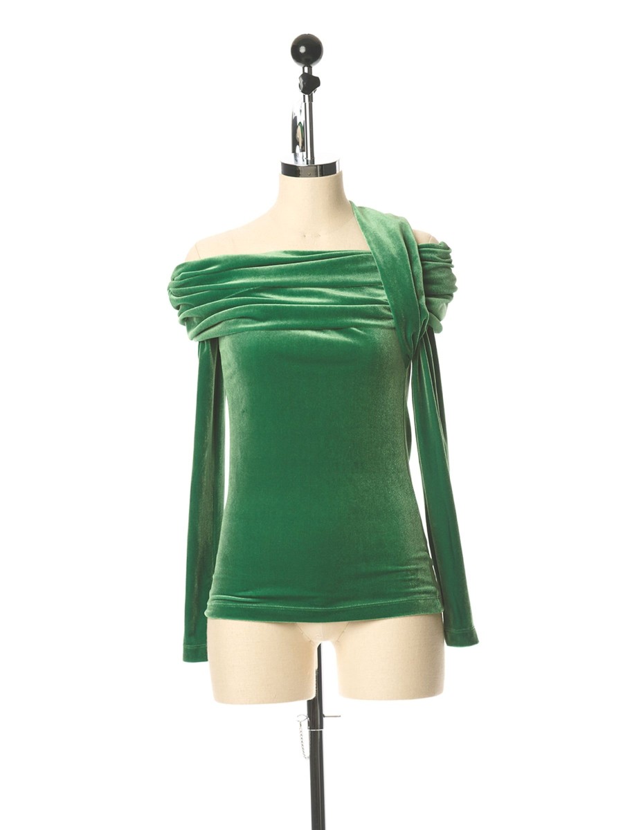 Women Push Button Tops | Green Draped Off-Shoulder Velvet Top