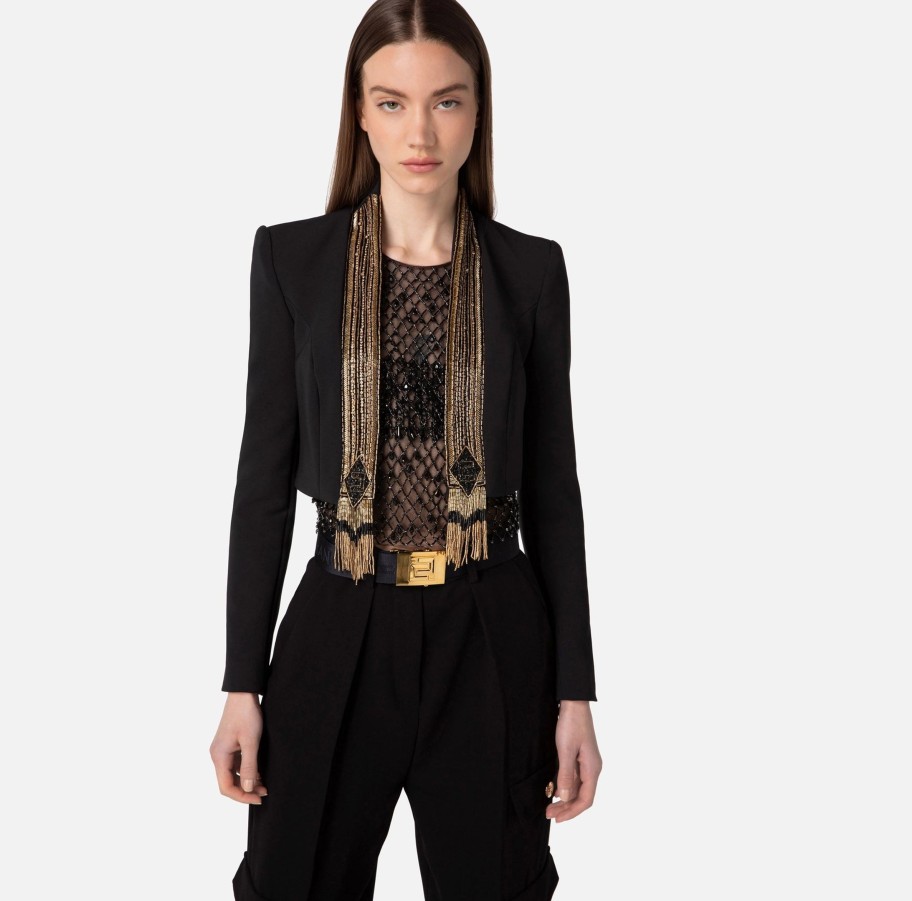 Women Elisabetta Franchi Jackets | Black Short Tuxedo Style Jacket With Sequins Embroidery