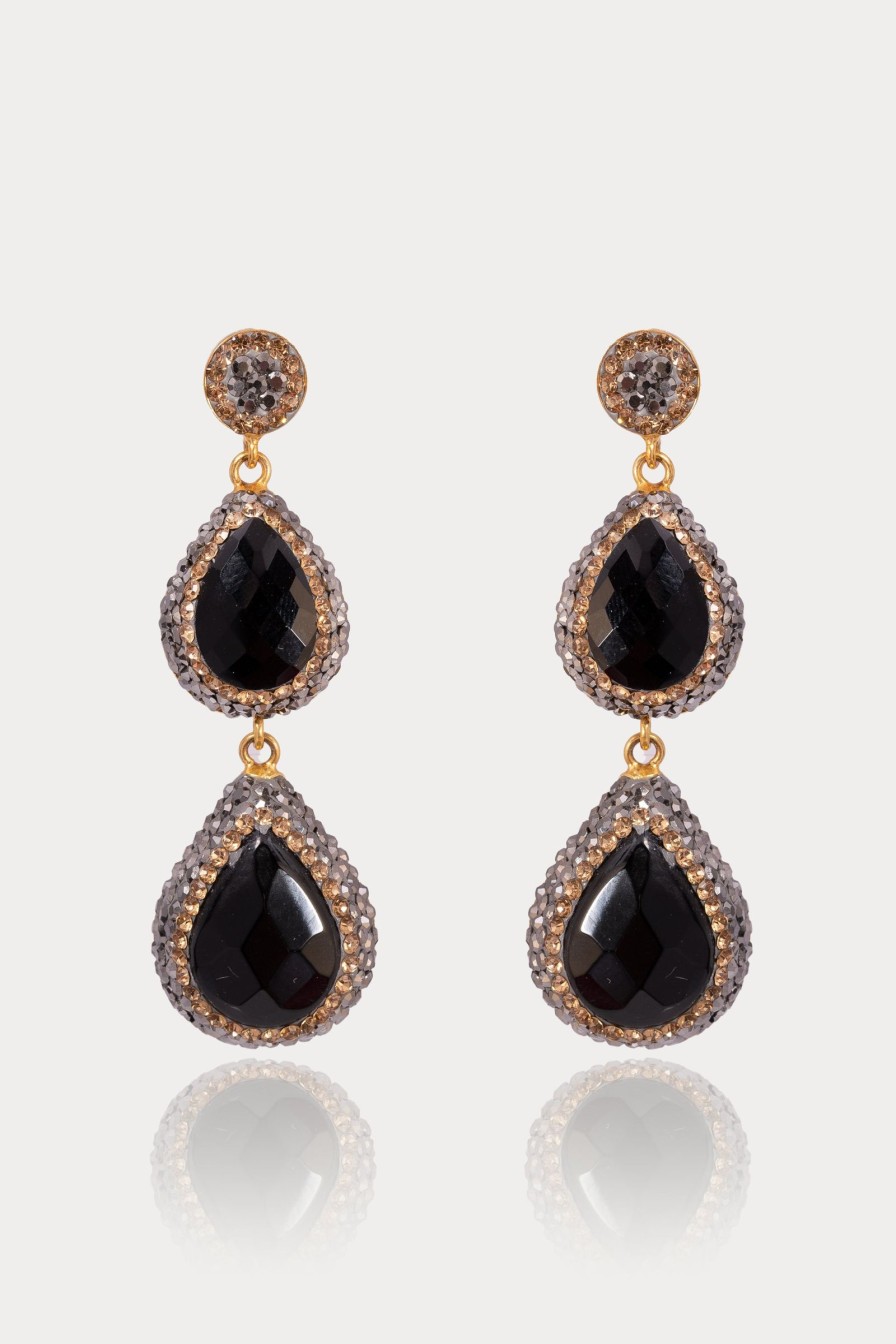 Women E L A London | Double Drop Black Oval Earrings