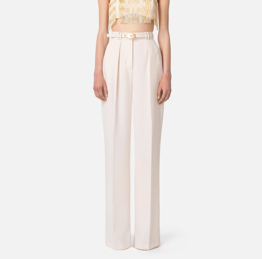 Women Elisabetta Franchi Pants | Womens Ivory Pants With Belt