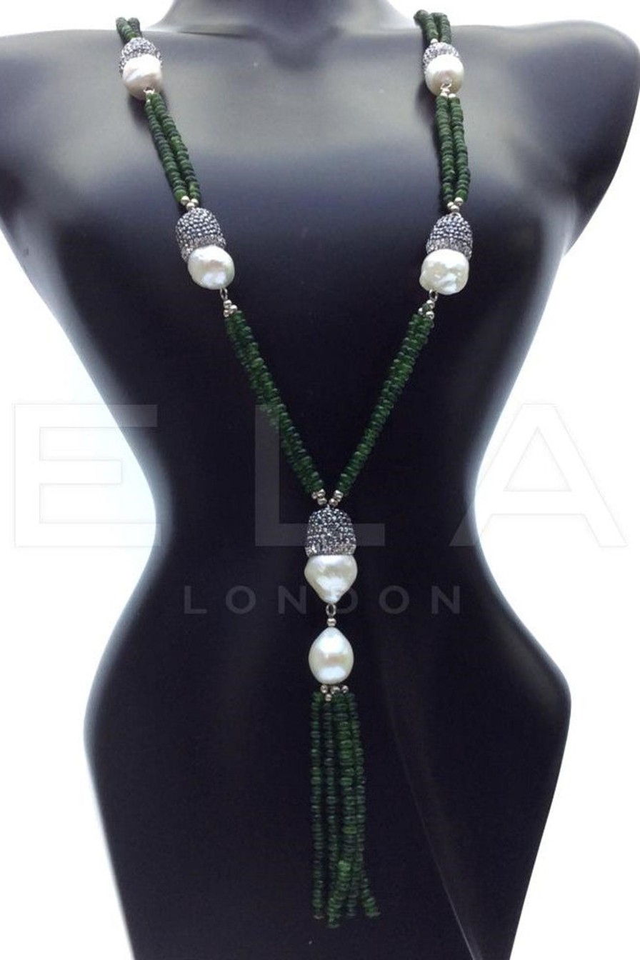 Women E L A London | Handmade Multi Gemstone Tassel Necklace With Pearls - Green