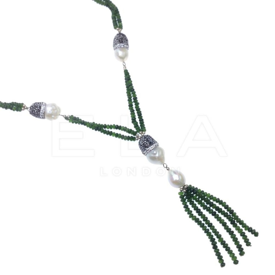 Women E L A London | Handmade Multi Gemstone Tassel Necklace With Pearls - Green