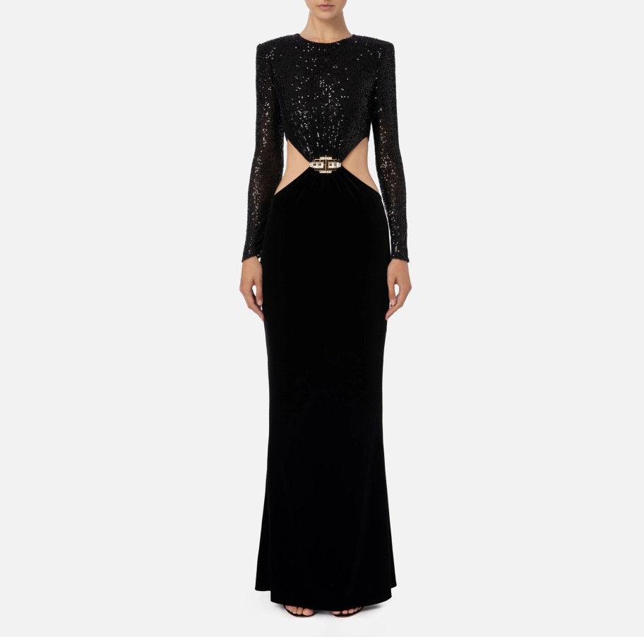 Women Elisabetta Franchi Dresses | Black Velvet Maxi Red Carpet Dress With Sequins And Rhinestones