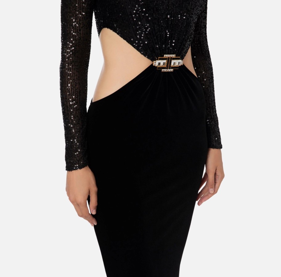 Women Elisabetta Franchi Dresses | Black Velvet Maxi Red Carpet Dress With Sequins And Rhinestones