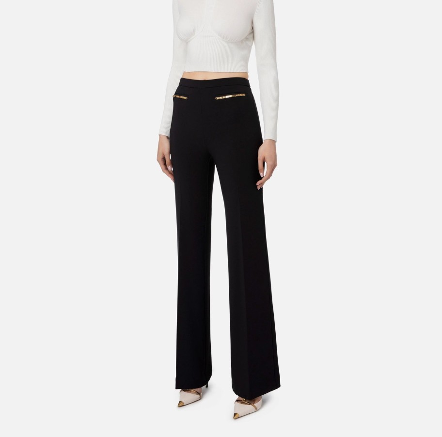 Women Elisabetta Franchi Pants | Palazzo Trousers In Crepe Fabric With Horsebits Black