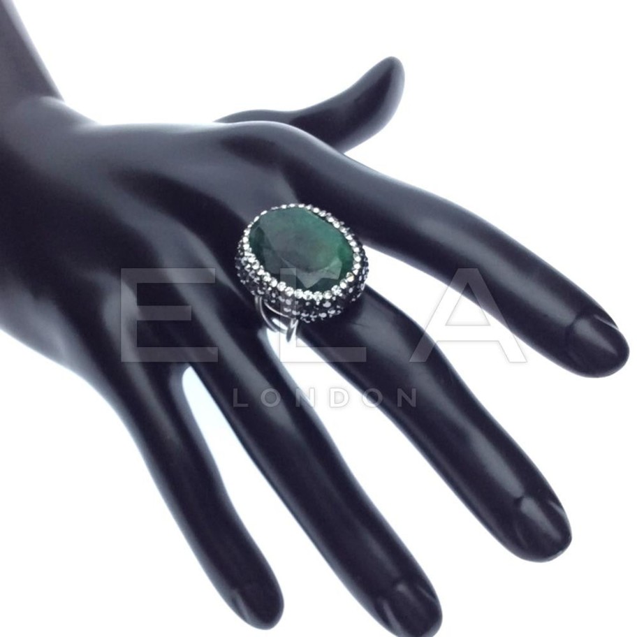 Women E L A London | Sterling Silver Gemstone Ring With Swarovski Crystals - Emerald Green