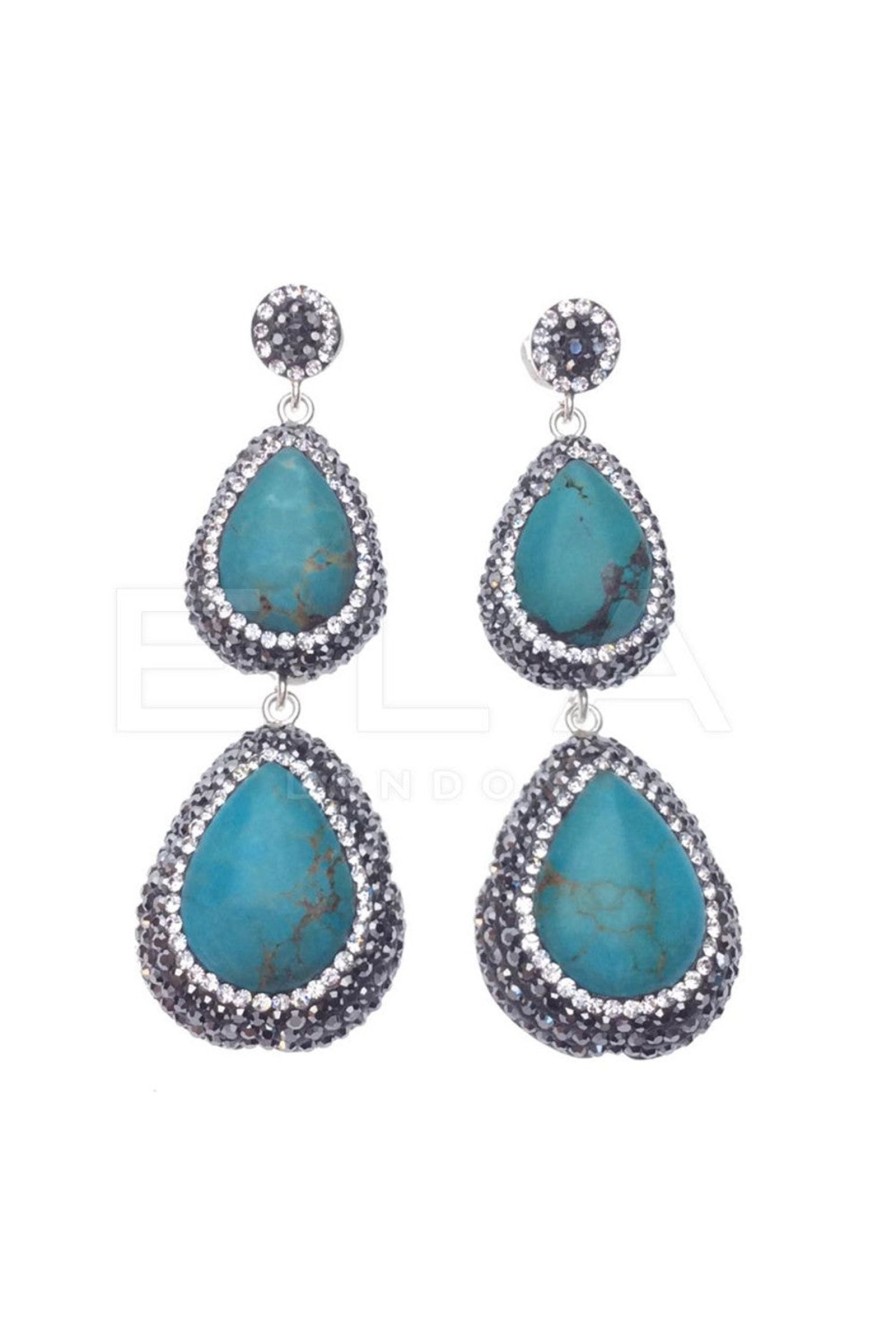 Women E L A London | Handmade Sterling Silver Double Drop Gemstone Earrings - Turquoise