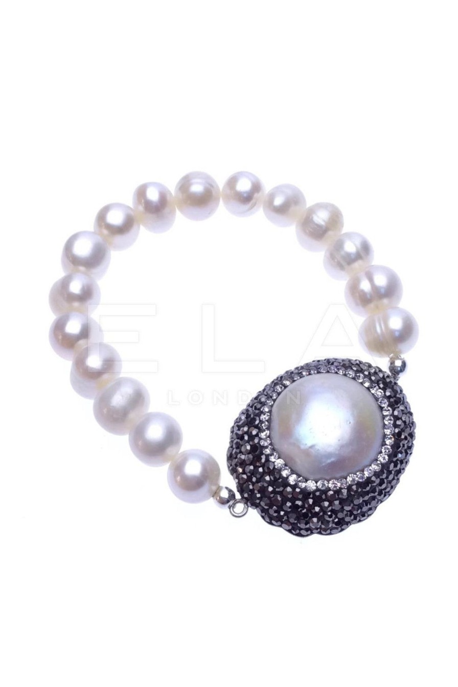 Women E L A London | Sterling Silver Stretch Bracelet With Pearl And Swarovski Crystals