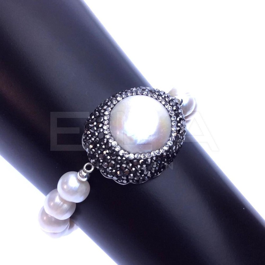 Women E L A London | Sterling Silver Stretch Bracelet With Pearl And Swarovski Crystals