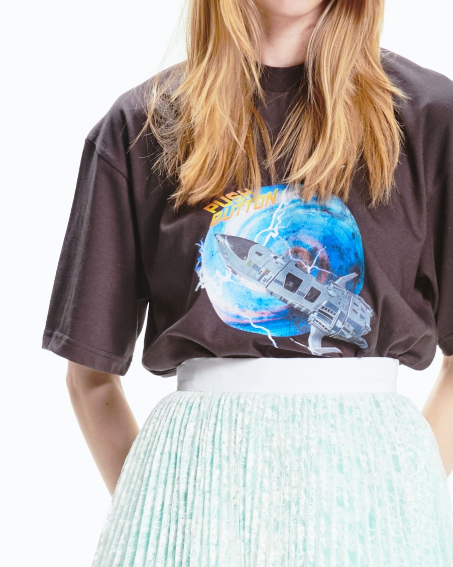 Women Push Button Tops | Spacecraft T-Shirt In Black