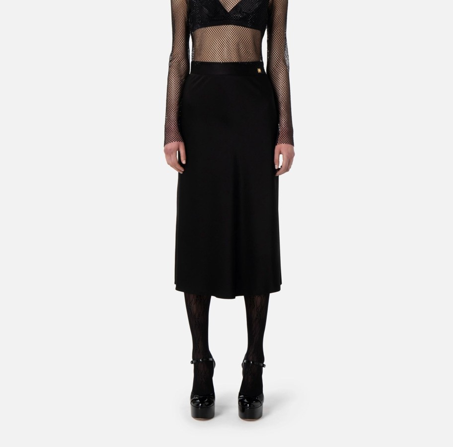 Women Elisabetta Franchi Skirts | Black Satin Midi Skirt