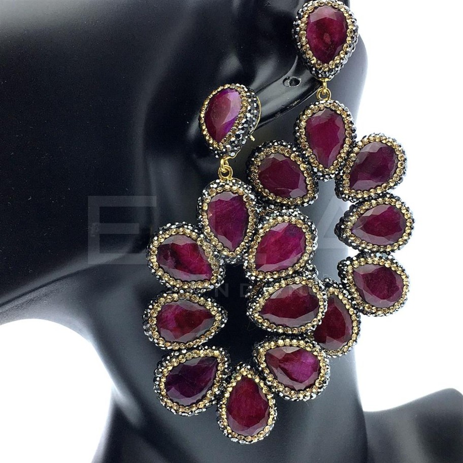 Women E L A London | Red Ruby Gemstone Pear Drop Earrings