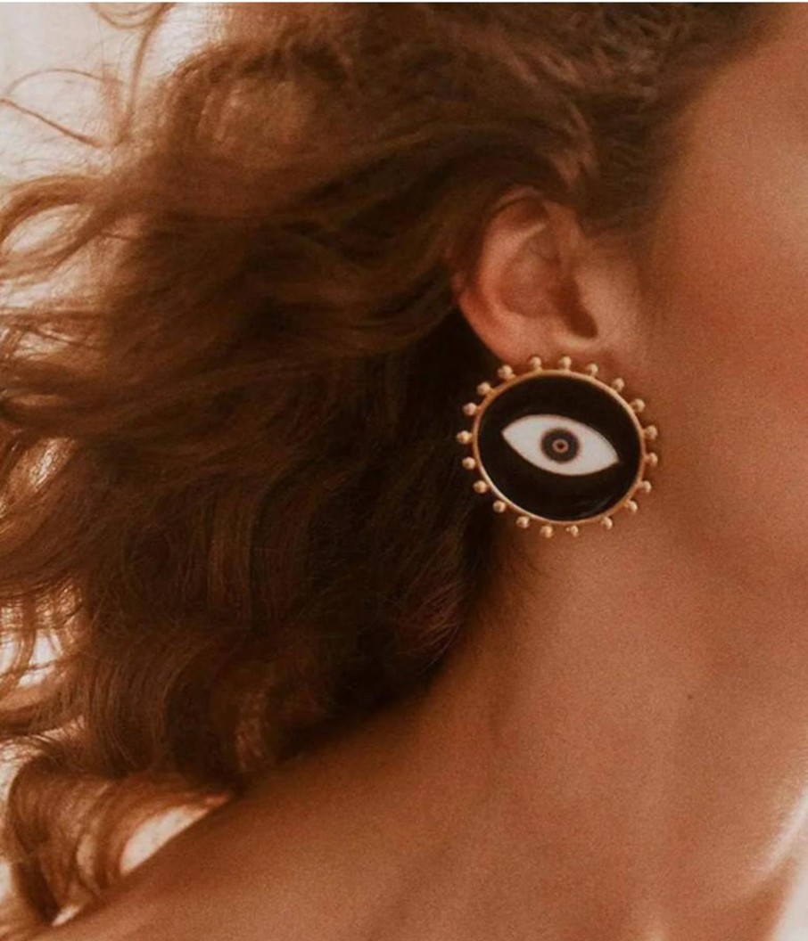 Women E L A London | Evil Eye Black Earrings