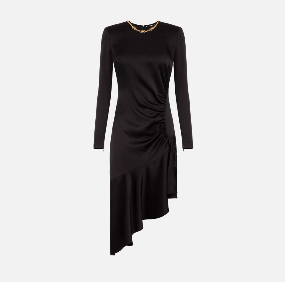 Women Elisabetta Franchi Dresses | Asymmetric Dress In Crepe Fabric With Crew Neck Black