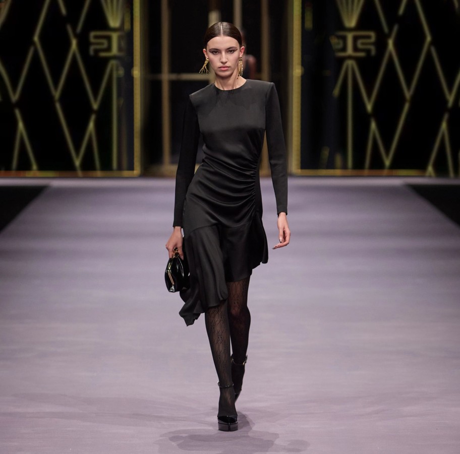 Women Elisabetta Franchi Dresses | Asymmetric Dress In Crepe Fabric With Crew Neck Black