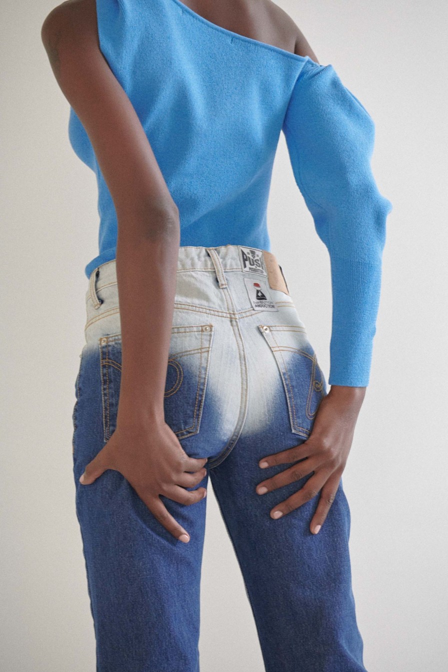 Women Push Button Pants | Blue Brief Washed Straight Jeans