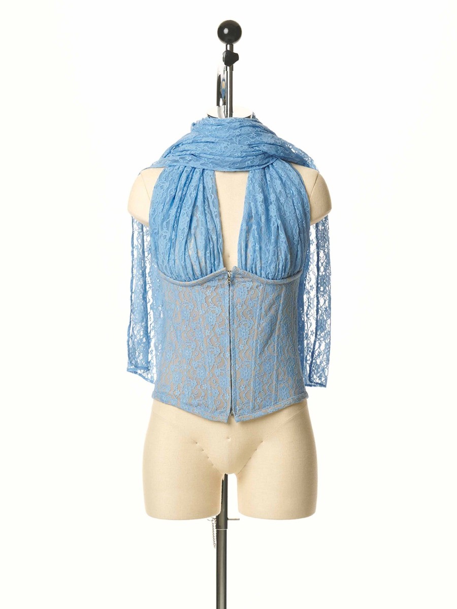 Women Push Button Tops | Blue Lace Halter Combi Bustier