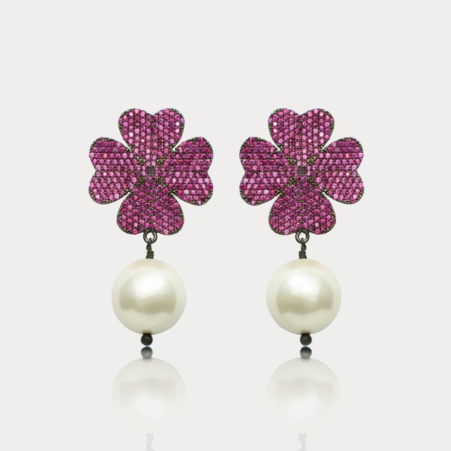 Women E L A London | Fuchsia Flower Pearl Earrings