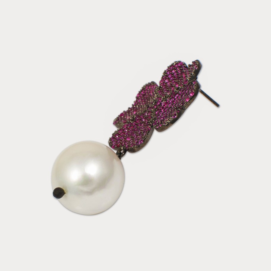 Women E L A London | Fuchsia Flower Pearl Earrings