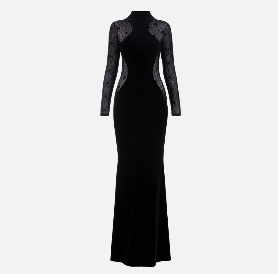 Women Elisabetta Franchi Dresses | Long Velvet Red Carpet Dress With Tulle Inserts Black