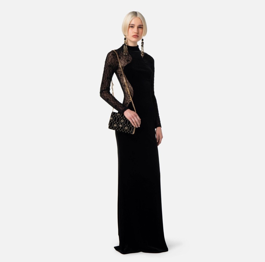 Women Elisabetta Franchi Dresses | Long Velvet Red Carpet Dress With Tulle Inserts Black