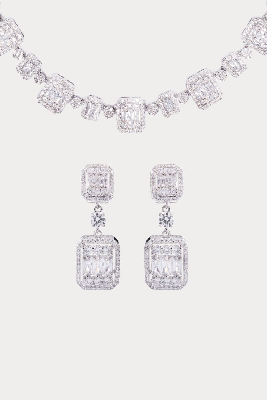 Women E L A London | Square White Stone Pave Necklace And Earrings Set