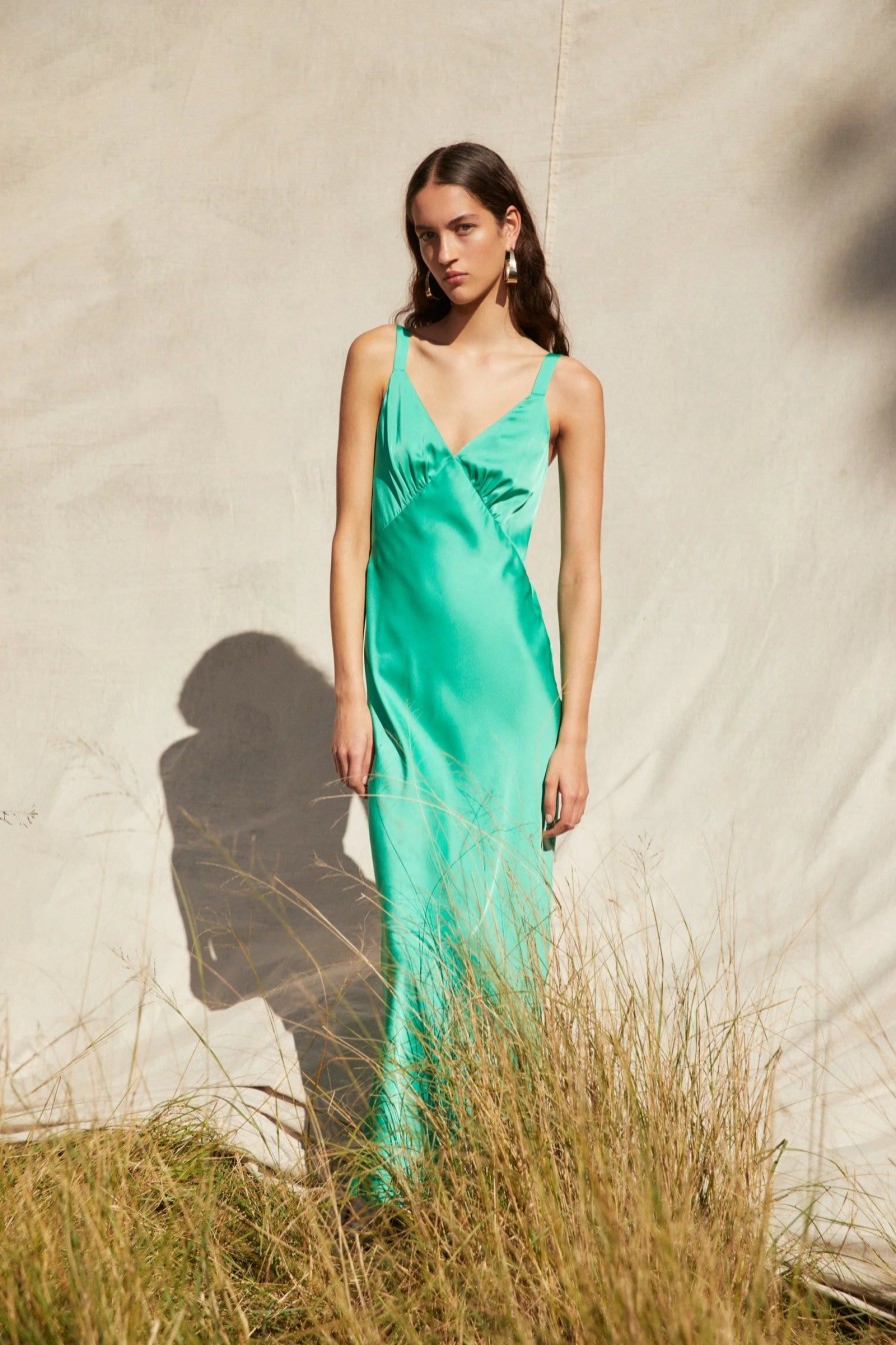 Women Misha Collection Dresses | Agustina Satin Maxi Dress In Green