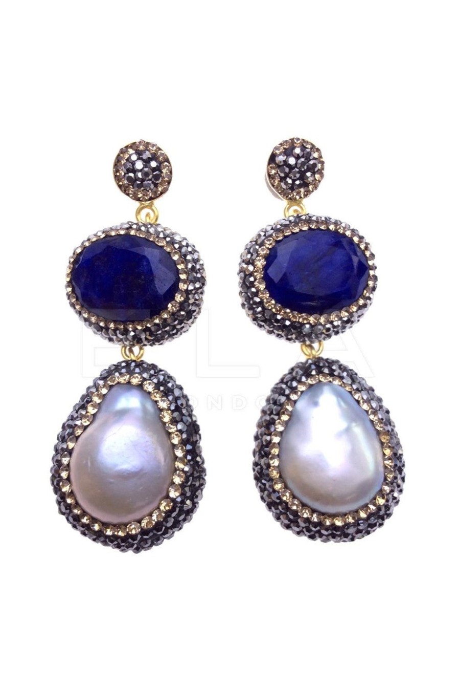 Women E L A London | Handmade Sterling Silver Blue/Pearl Double Drop Gemstone Earrings