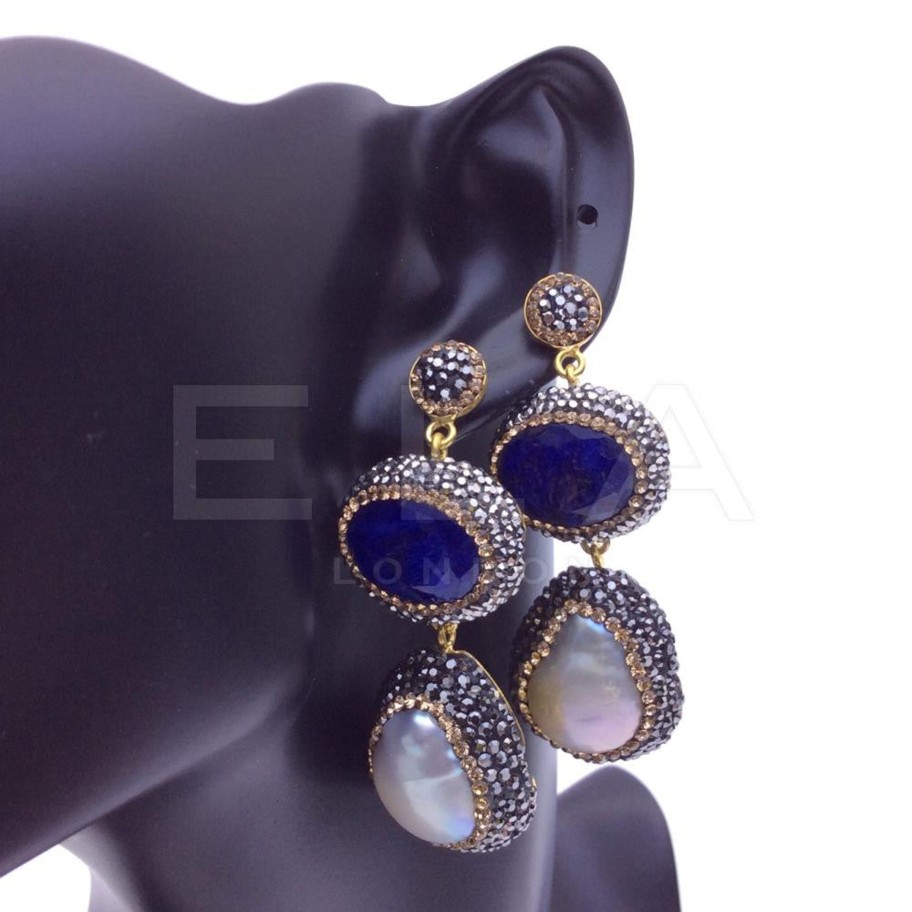 Women E L A London | Handmade Sterling Silver Blue/Pearl Double Drop Gemstone Earrings