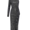 Women Misha Collection Dresses | Jiverny Metallic Jersey One Shoulder Midi Dress Silver