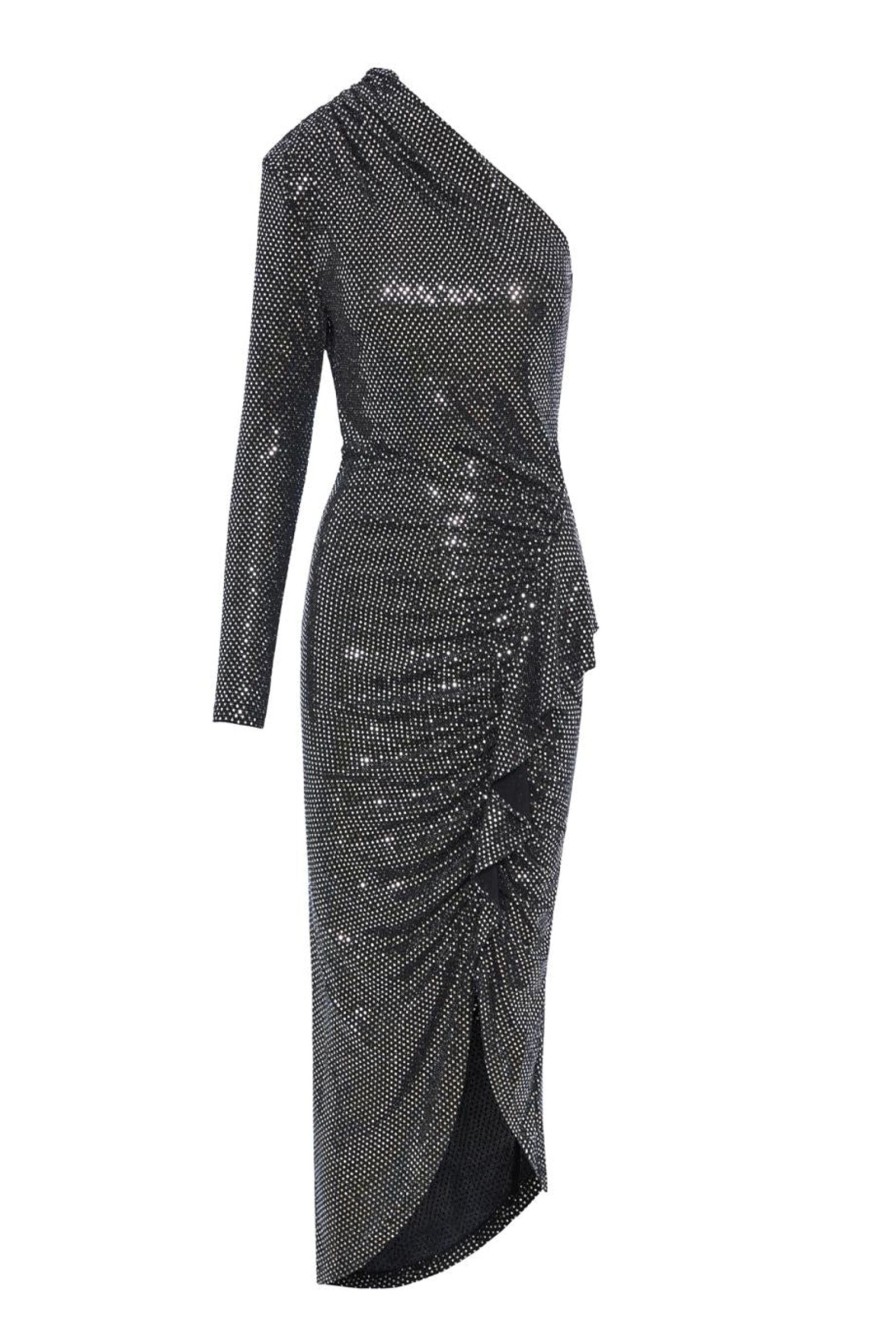 Women Misha Collection Dresses | Jiverny Metallic Jersey One Shoulder Midi Dress Silver