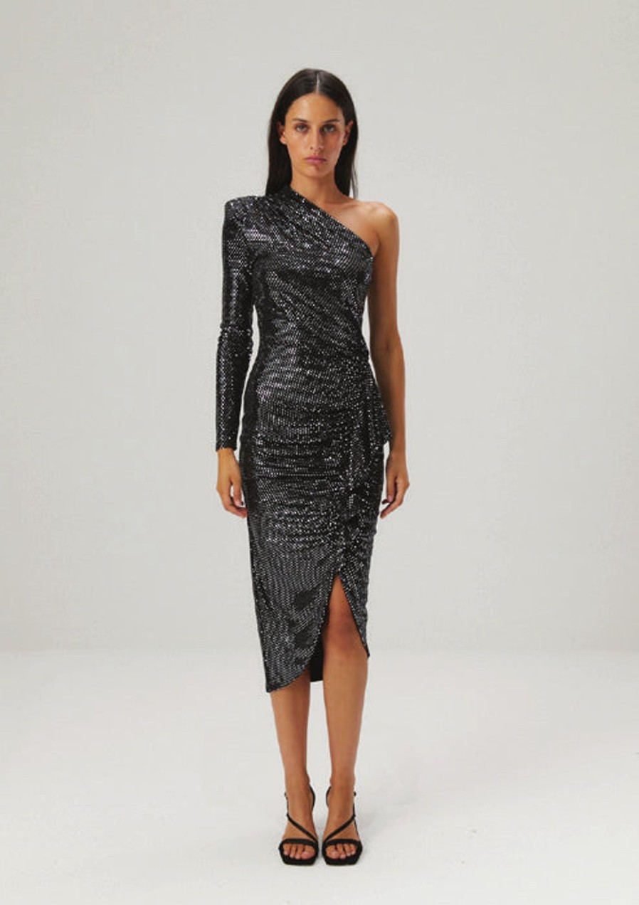 Women Misha Collection Dresses | Jiverny Metallic Jersey One Shoulder Midi Dress Silver