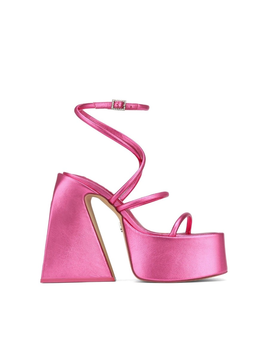 Women Naked Wolfe Sandals | Angel Pink Metallic Strap Heel