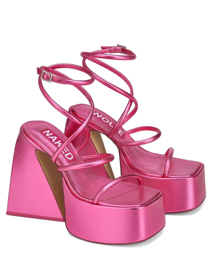 Women Naked Wolfe Sandals | Angel Pink Metallic Strap Heel