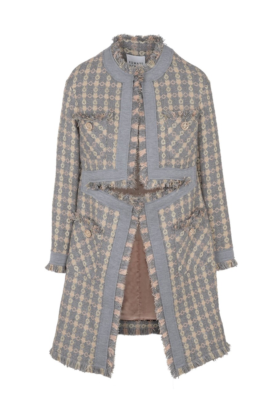 Women Edward Achour Jackets | Tweed Jersey Grey Gold Long Jacket With Waist Cuttings