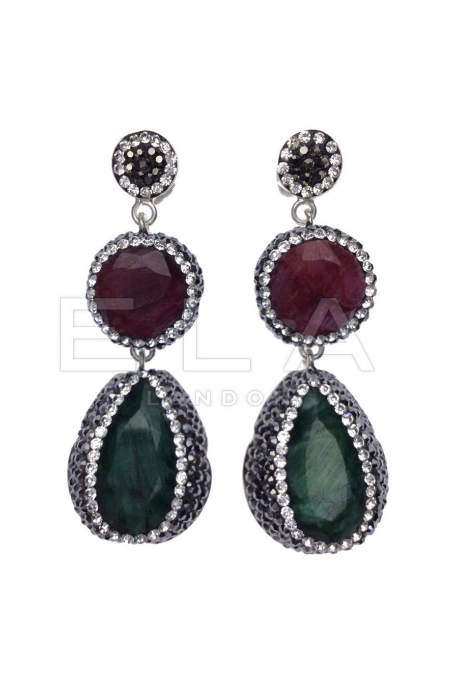 Women E L A London | Handmade Sterling Silver Red/Green Double Drop Gemstone Earrings