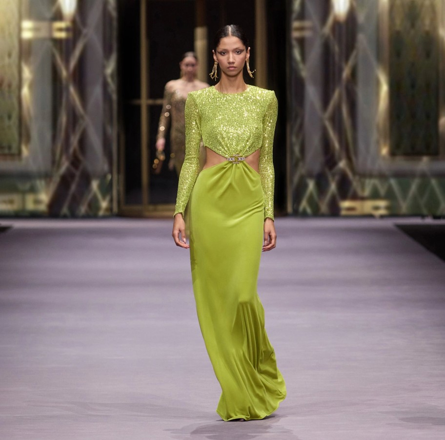 Women Elisabetta Franchi Dresses | Green Velvet Maxi Red Carpet Dress With Sequins And Rhinestones Lime Green