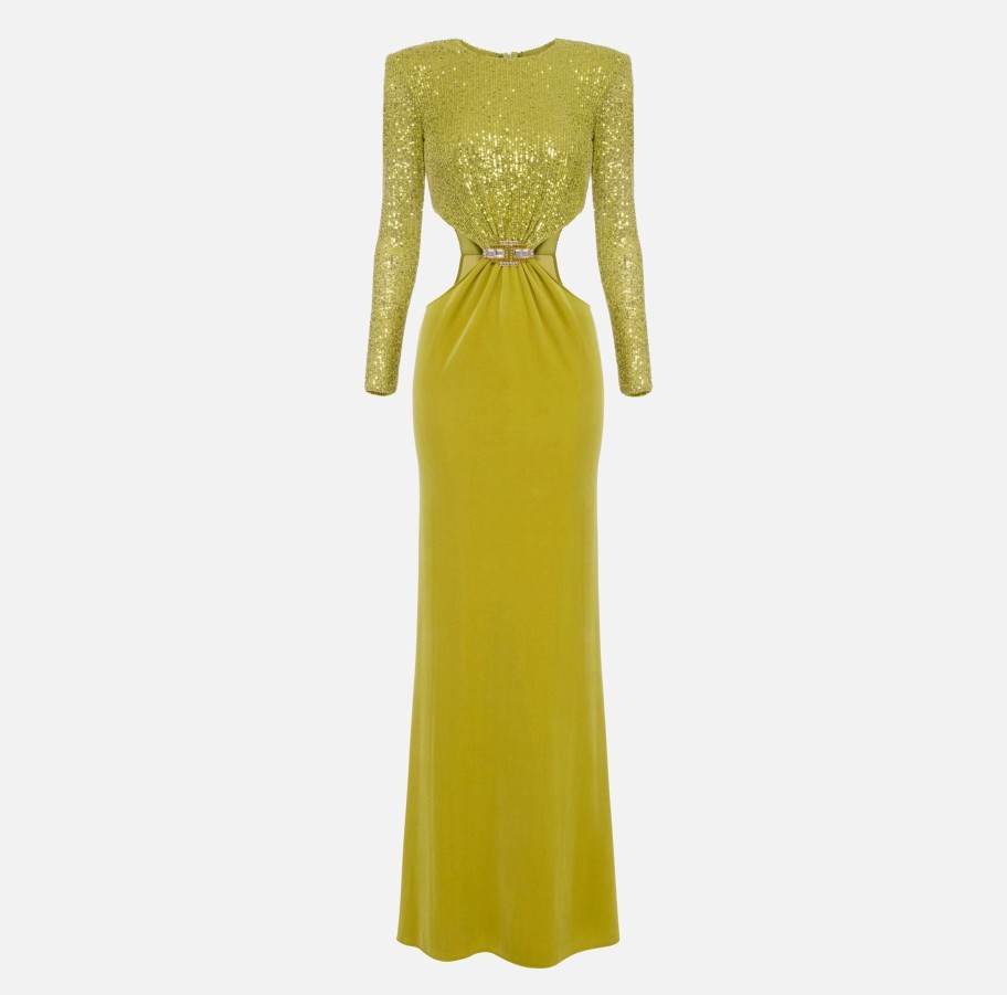 Women Elisabetta Franchi Dresses | Green Velvet Maxi Red Carpet Dress With Sequins And Rhinestones Lime Green