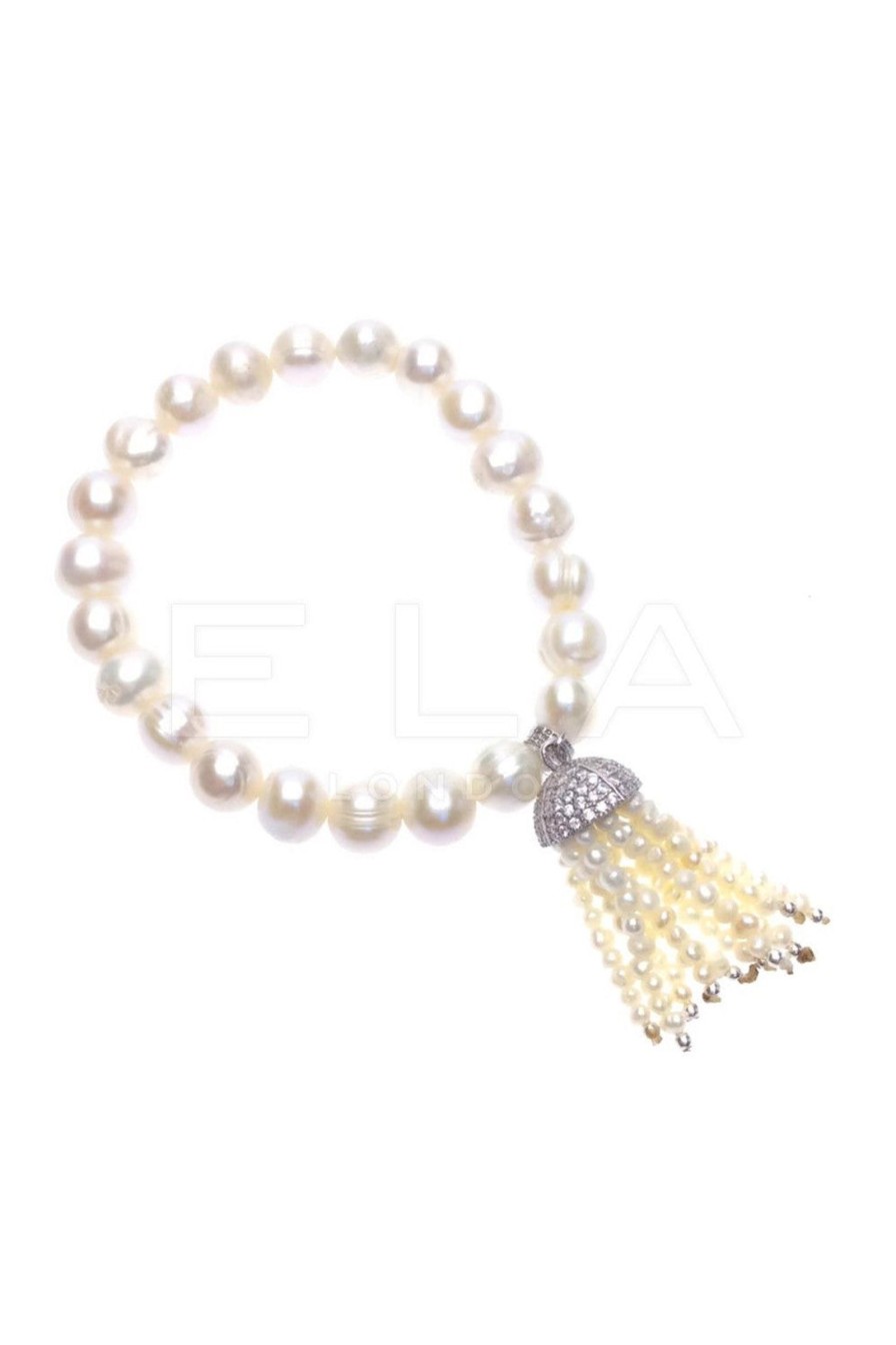 Women E L A London | Sterling Silver Candy Stretch Tassel Bracelet With Pearl