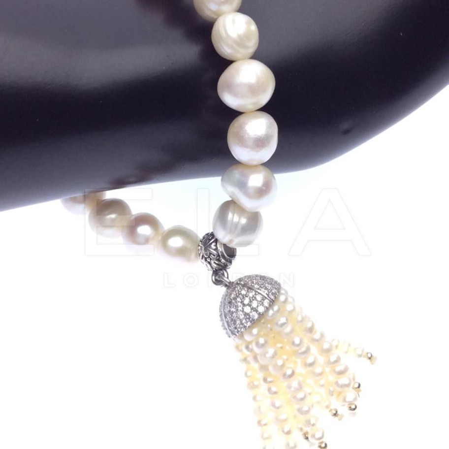 Women E L A London | Sterling Silver Candy Stretch Tassel Bracelet With Pearl