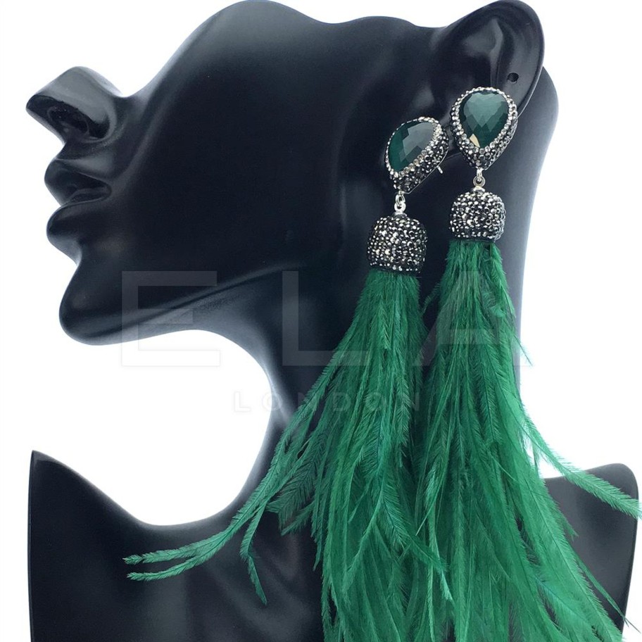 Women E L A London | Green Feather Earrings