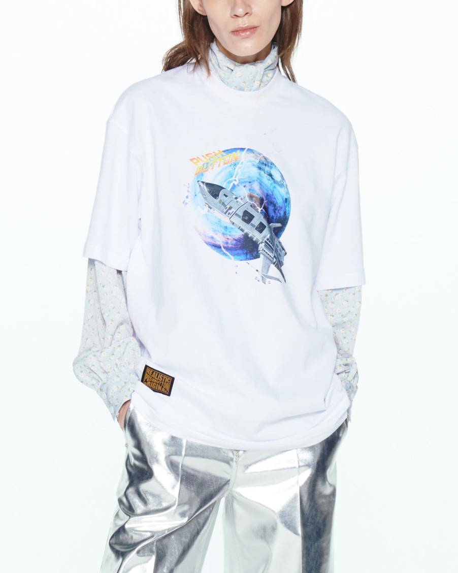 Women Push Button Tops | Spacecraft T-Shirt In White